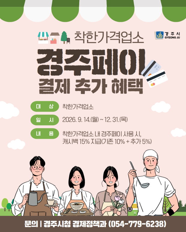 경주시 착한가격업소 경주페이 캐시백 15% 지급 안내 홍보물.