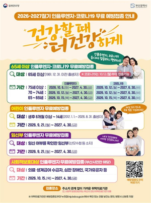 부산시, 21일부터 독감 무료접종…어린이 14세까지 확대